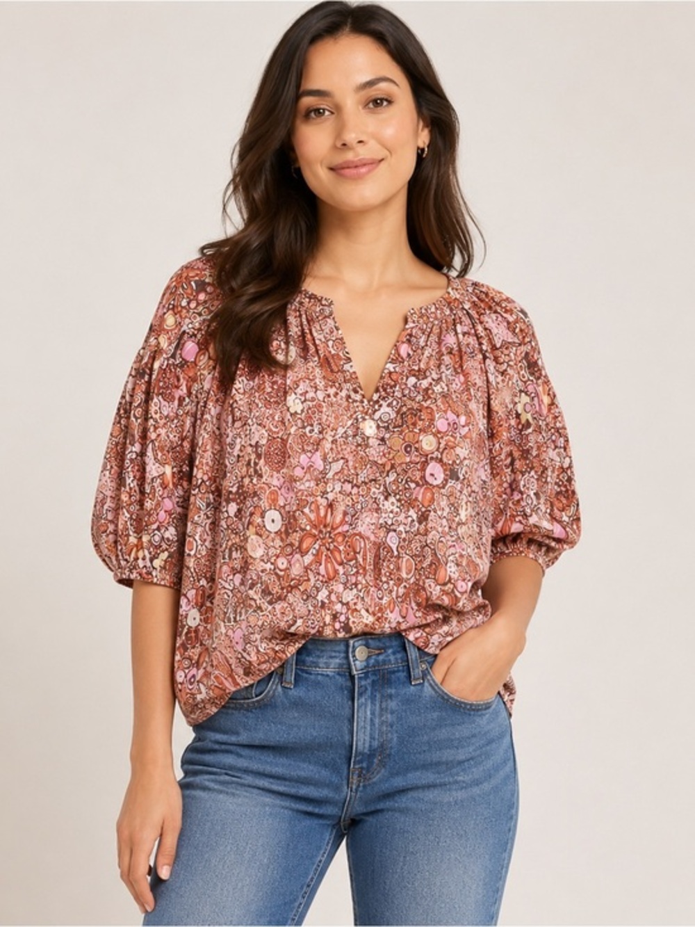 A.L.C. Cotton Silk Juliana Floral Orange Sheer Short Sleeve Blouse M (8)